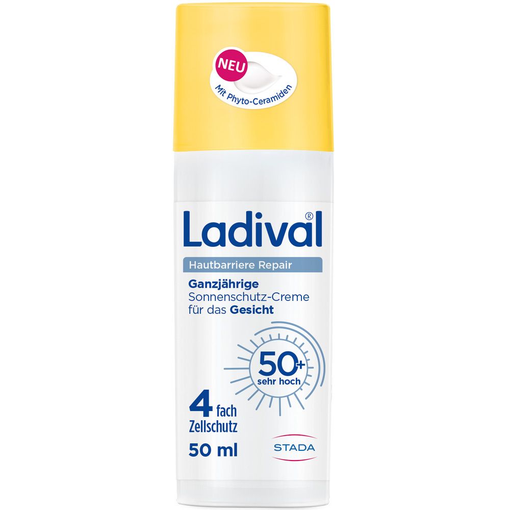Ladival® Hautbarriere Repair Sonnenschutz Gesicht LSF 50+ Flasche. Gelbe Kappe, weißer Behälter. Text: 50+ sehr hoch.