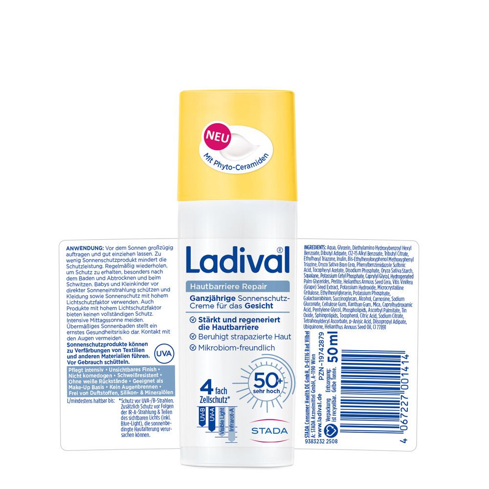 Ladival® Hautbarriere Repair Sonnenschutz Gesicht LSF 50+ Flasche. Rückseite mit Text und Barcode. Text: 50 ml.