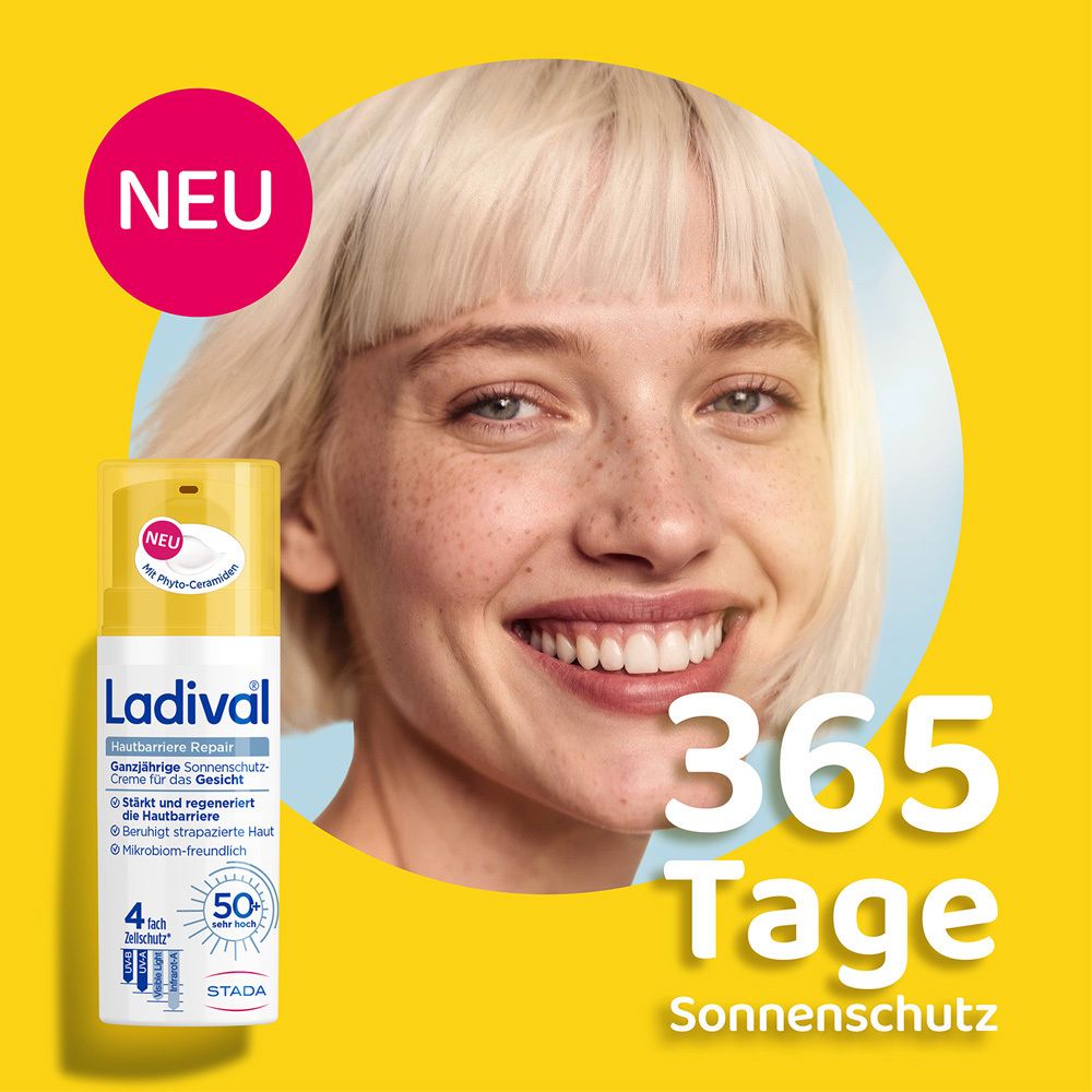 Ladival® Hautbarriere Repair Sonnenschutz Gesicht LSF 50+ Flasche neben lächelnder Frau. Text: 365 Tage Sonnenschutz.