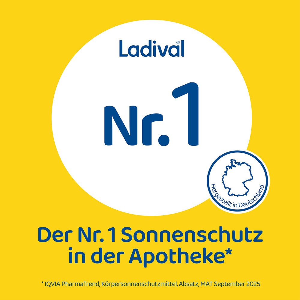 Ladival® Logo auf gelbem Hintergrund. Text: Der Nr. 1 Sonnenschutz in der Apotheke. Hergestellt in Deutschland.