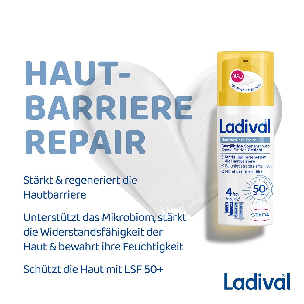 Ladival® Hautbarriere Repair Sonnenschutz Gesicht LSF 50+ Flasche neben Text. Text: Stärkt & regeneriert die Hautbarriere.