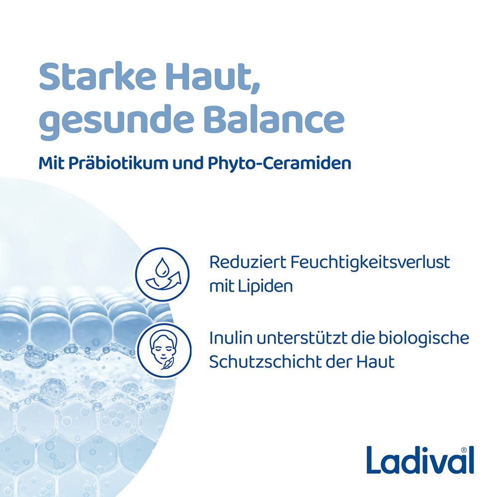 Ladival® Logo neben Text. Text: Starke Haut, gesunde Balance. Mit Präbiotikum und Phyto-Ceramiden.