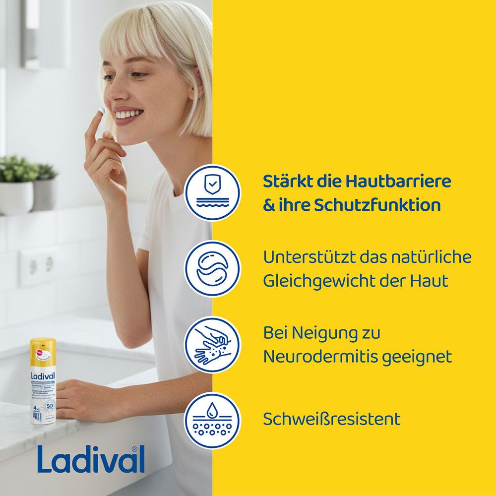 Ladival® Hautbarriere Repair Sonnenschutz Gesicht LSF 50+ Flasche neben Frau. Text: Stärkt die Hautbarriere & ihre Schutzfunktion.