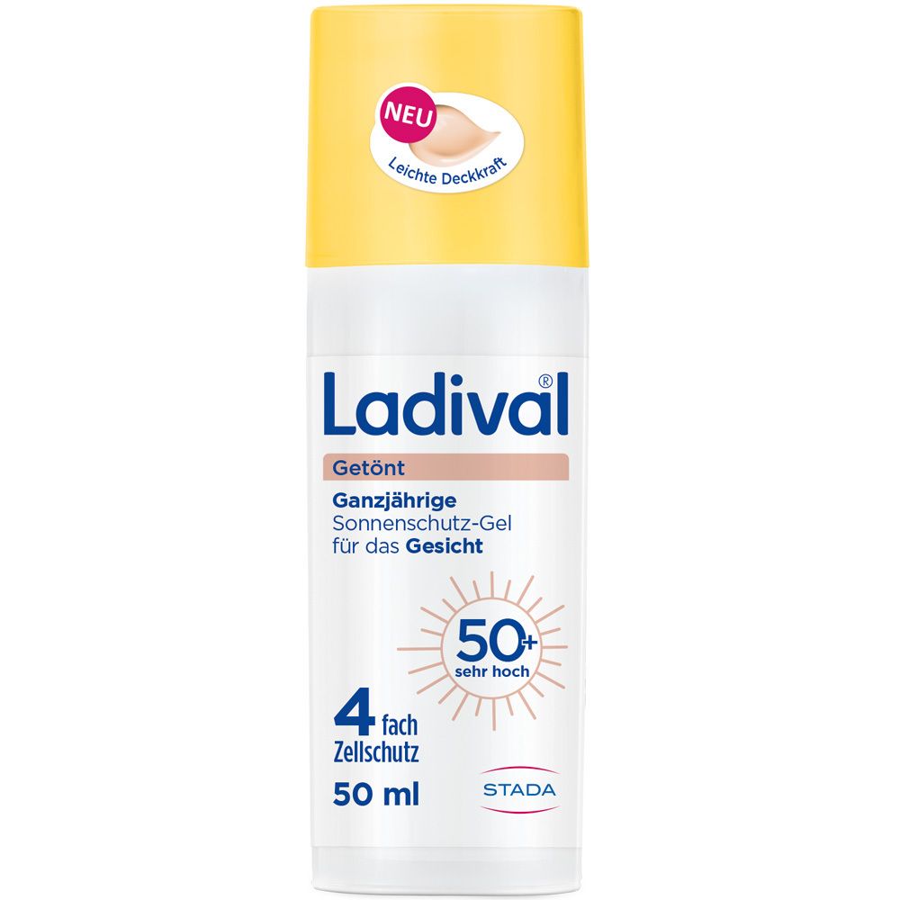 Ladival® Getönt Sonnenschutz Gel. Weiße Tube mit gelbem Deckel. Text und Logo. LSF 50+.