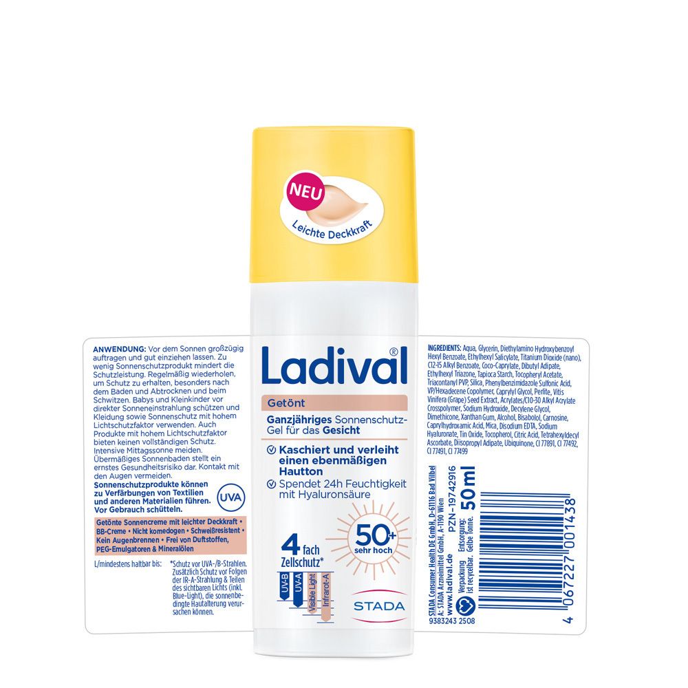 Ladival® Getönt Sonnenschutz Gel. Tube mit Text und Inhaltsstoffen. LSF 50+.