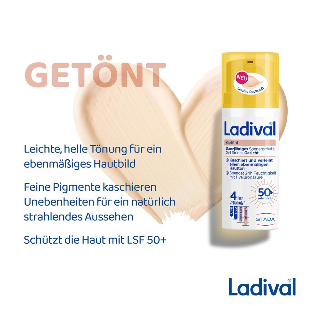 Ladival® Getönt Sonnenschutz Gel. Text: Leichte, helle Tönung. LSF 50+.