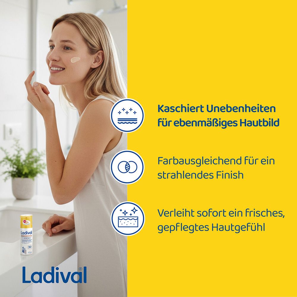 Frau trägt Ladival® auf. Text: Kaschiert Unebenheiten. Für ebenmäßiges Hautbild.