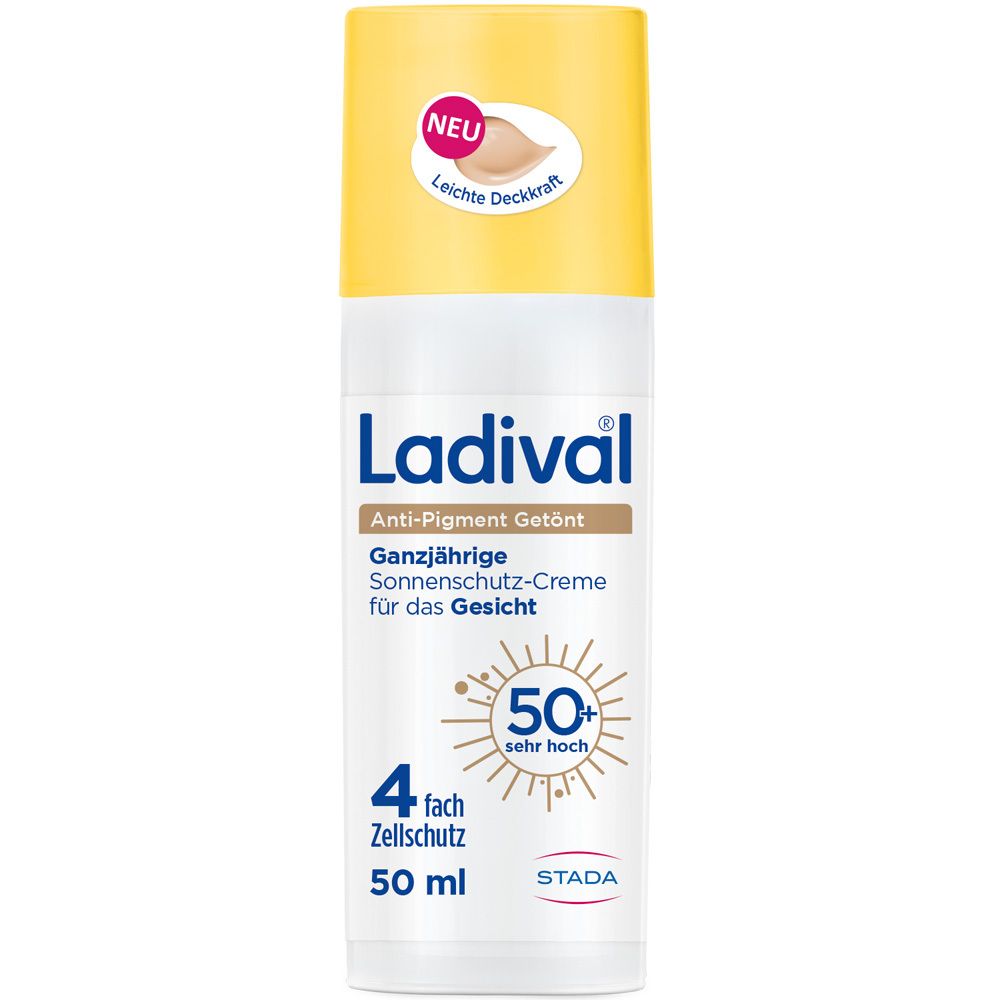 Ladival Anti-Pigment Getönt Sonnenschutz Gesicht LSF 50+ Flasche. Gelbe Kappe, weißer Körper. Aufschrift: 50+ sehr hoch.