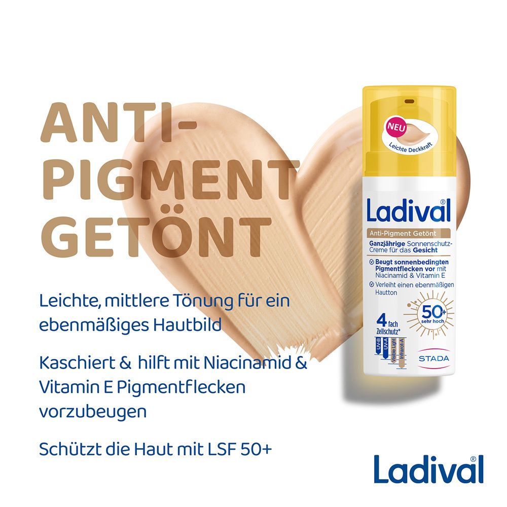 Ladival Anti-Pigment Getönt Sonnenschutz Gesicht LSF 50+ Flasche. Text: Anti-Pigment Getönt. Schützt die Haut mit LSF 50+.