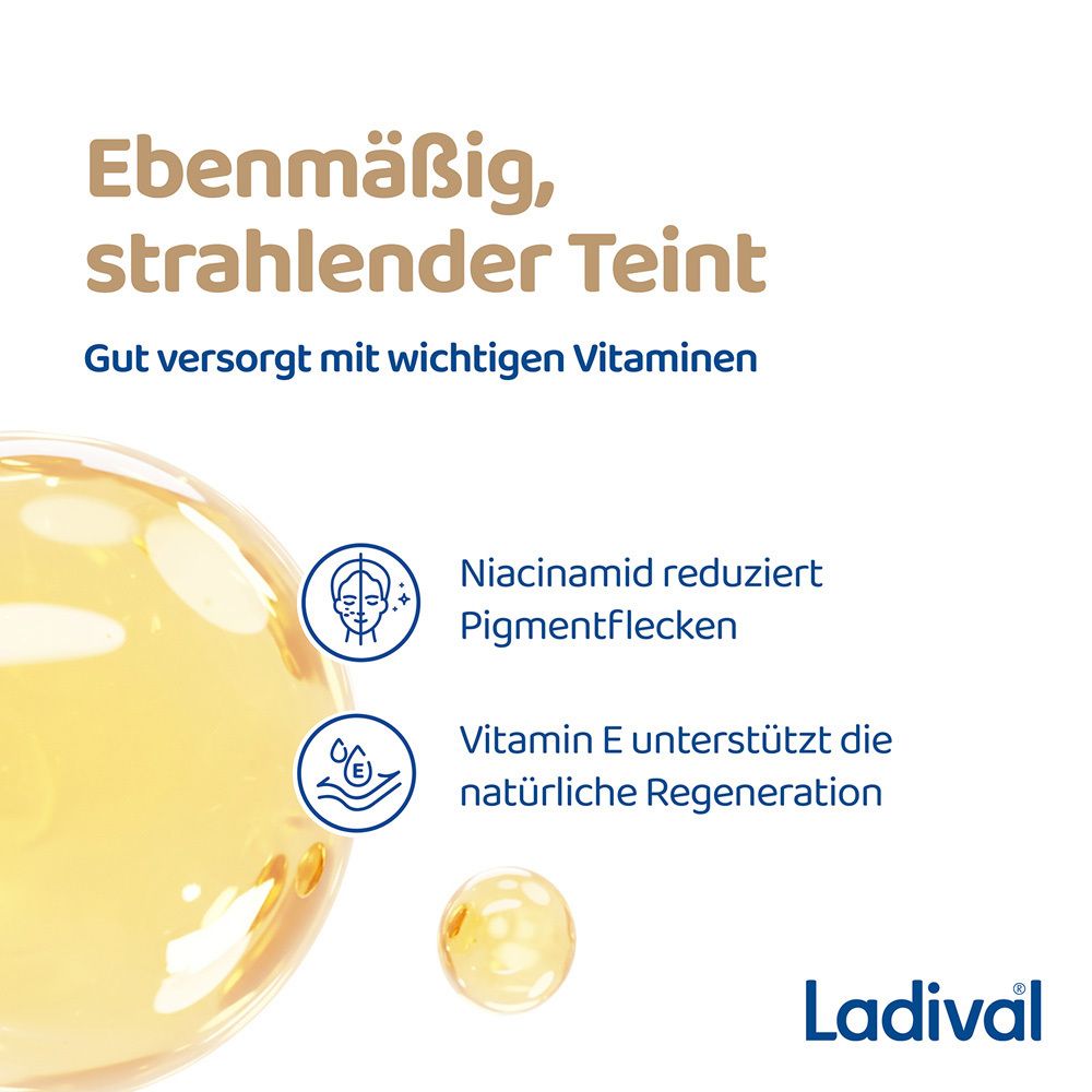 Gelbe Flüssigkeit mit Text: Ebenmäßig, strahlender Teint. Niacinamid reduziert Pigmentflecken. Vitamin E unterstützt die Regeneration.