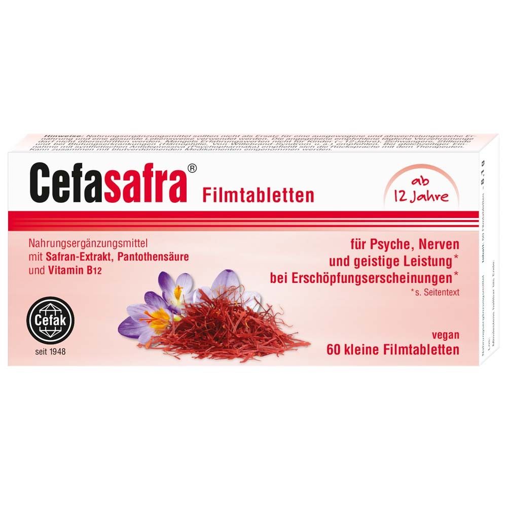 Cefasafra Filmtabletten-Packung. Weiße Schachtel mit Produktnamen, Inhaltsstoffen, Illustrationen von Safran und Blüten. Ab 12 Jahren.