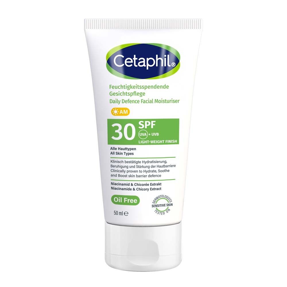 Weiße Tube Cetaphil® Feuchtigkeitspflege LSF 30. Grün-weiße Beschriftung. Enthält 50 ml. Für alle Hauttypen.