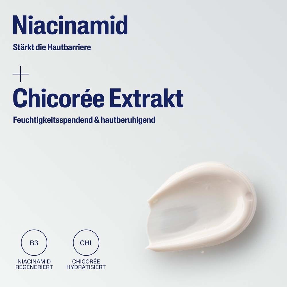 Nahaufnahme Creme. Text: Niacinamid + Chicorée Extrakt. Klinisch bestätigte Hydratisierung, Beruhigung und Stärkung der Hautbarriere.