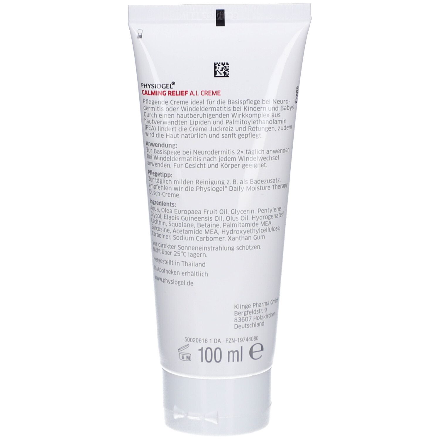 Rückseite einer Creme-Tube. Text mit Inhaltsstoffen und Anwendungshinweisen. Marke: Physiogel. 100 ml.