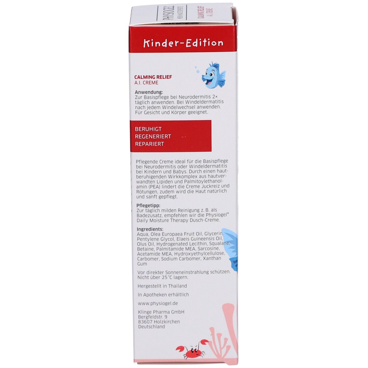 Schachtel, Seite mit Text. Anwendungshinweise und Inhaltsstoffe. Marke: Physiogel. Kinder-Edition.
