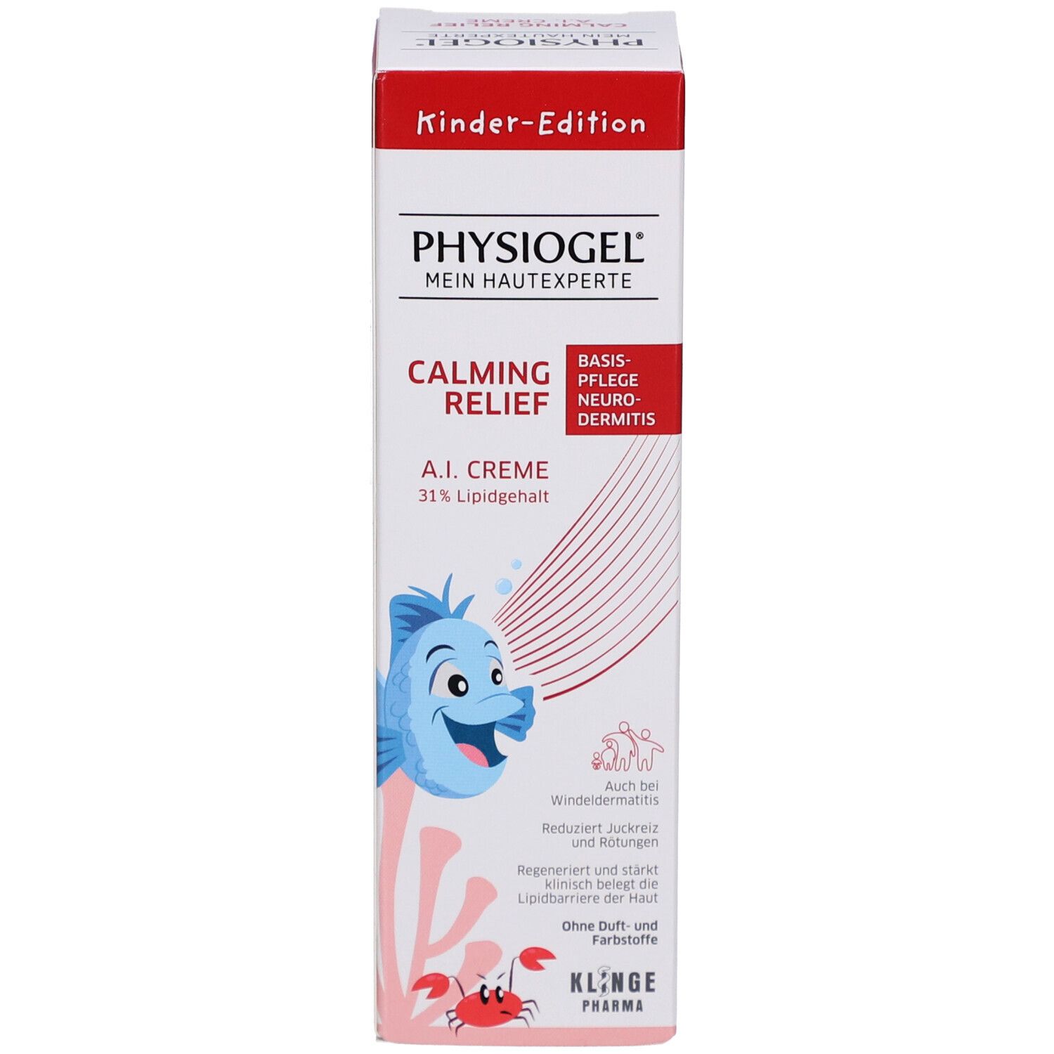 Schachtel mit Aufschrift: Physiogel Calming Relief A.I. Creme, 31% Lipidgehalt. Kinder-Edition. Fisch-Illustration.