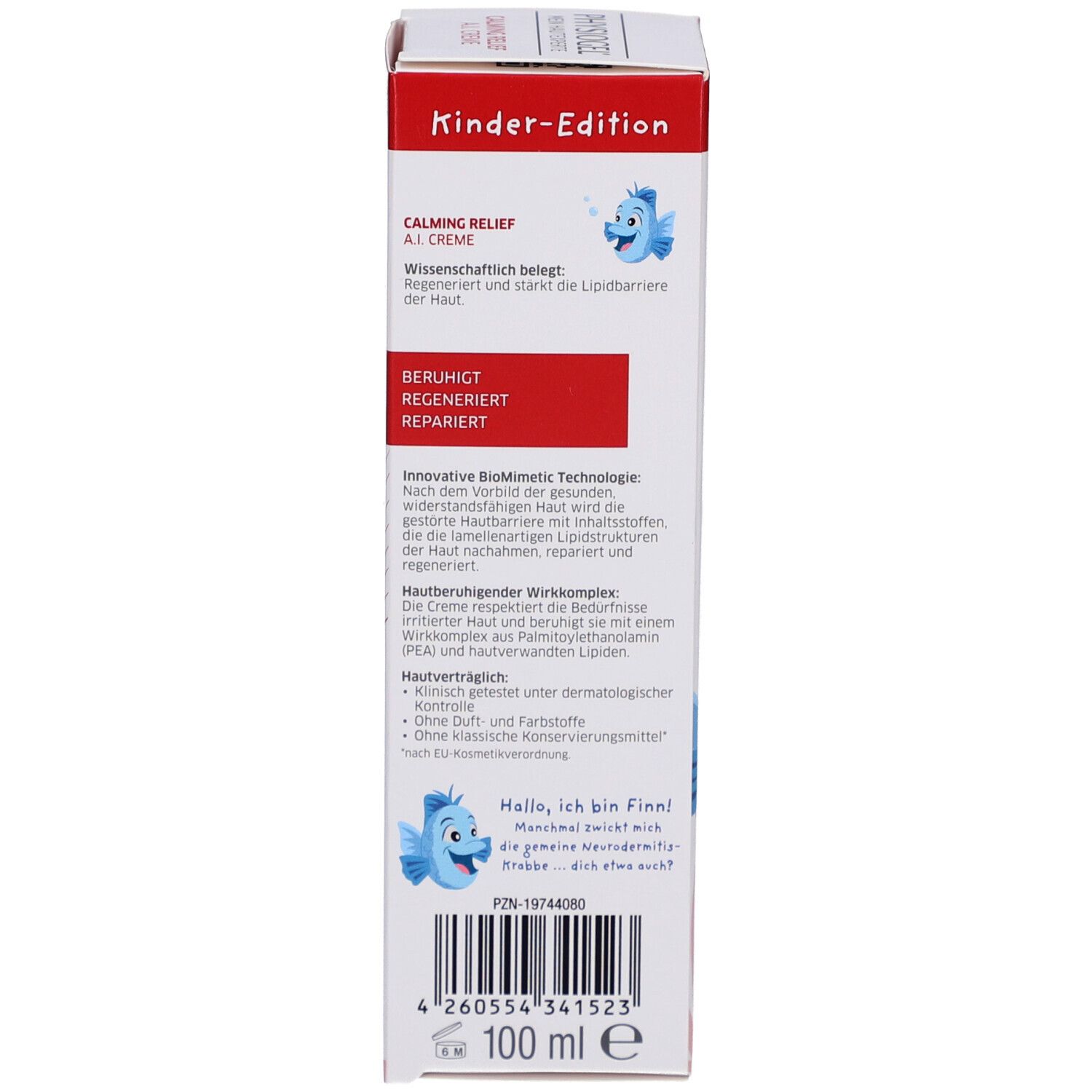 Schachtel, Seite mit Text. Wissenschaftliche Informationen und Inhaltsstoffe. Marke: Physiogel. Kinder-Edition.