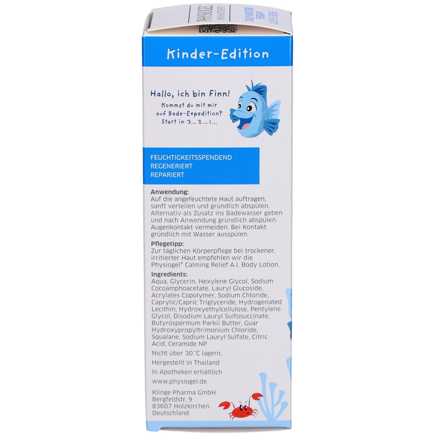 Rückseite der Kartonverpackung. Text in deutscher Sprache. Enthält Informationen und Inhaltsstoffe.