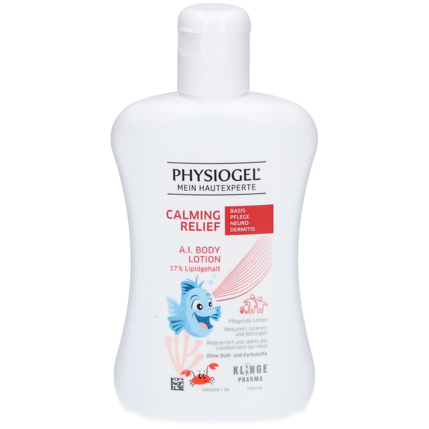 Weiße Flasche mit Produktaufdruck. Enthält Physiogel Calming Relief A.I. Body Lotion. Mit Fisch-Illustration.