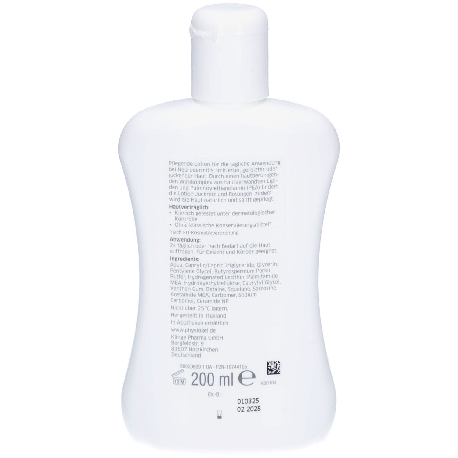 Rückseite einer weißen Flasche. Textinformationen und Inhaltsstoffe sind aufgedruckt. 200 ml.