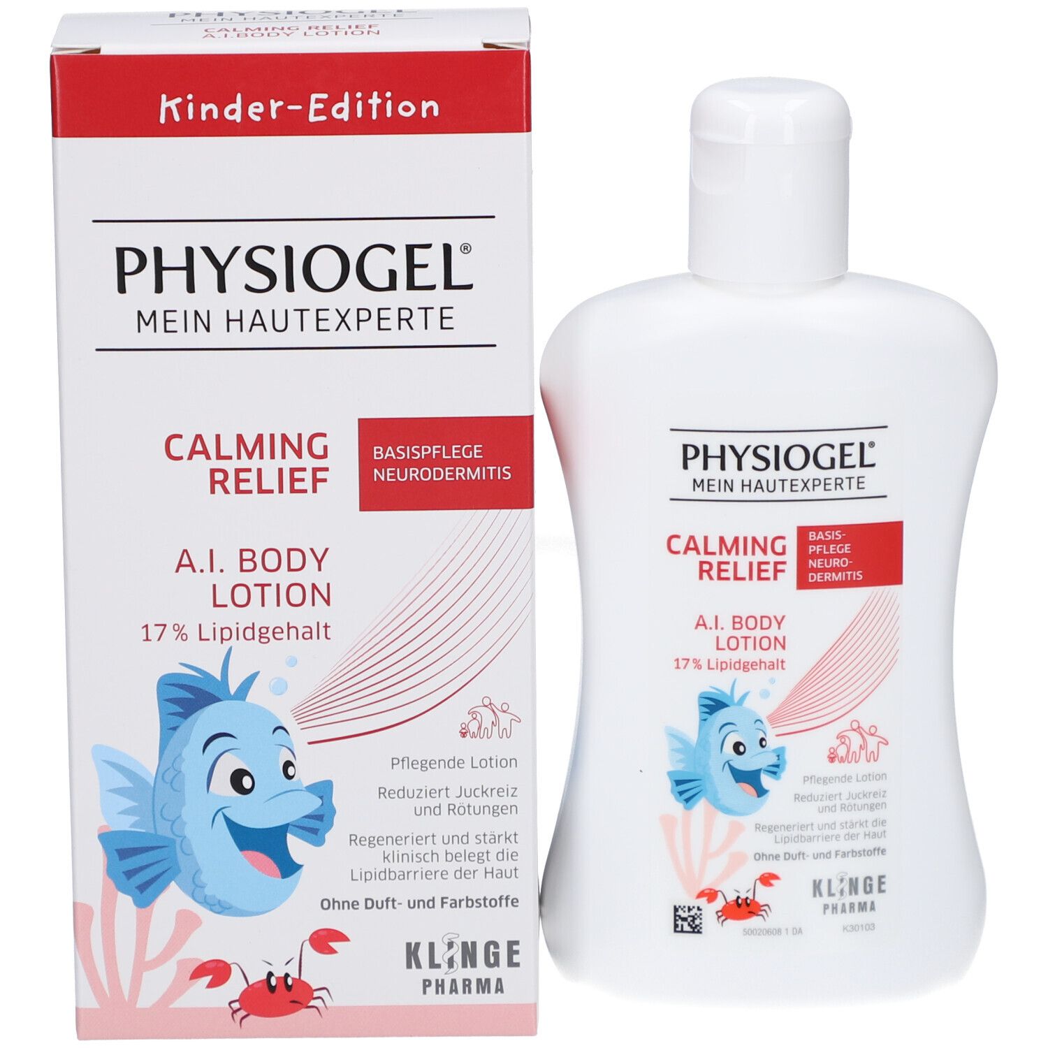 Produktverpackung und Flasche. Physiogel Calming Relief A.I. Body Lotion. Mit Fisch-Illustration und Text.