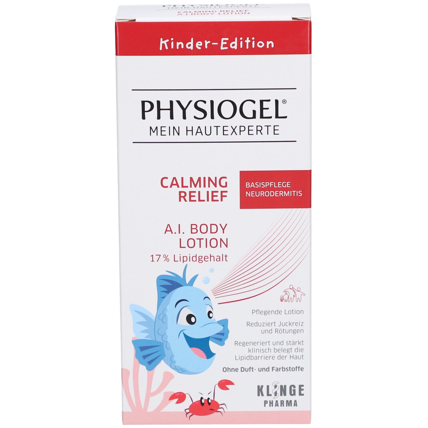 Produktverpackung. Physiogel Calming Relief A.I. Body Lotion. Mit Fisch-Illustration und Text.