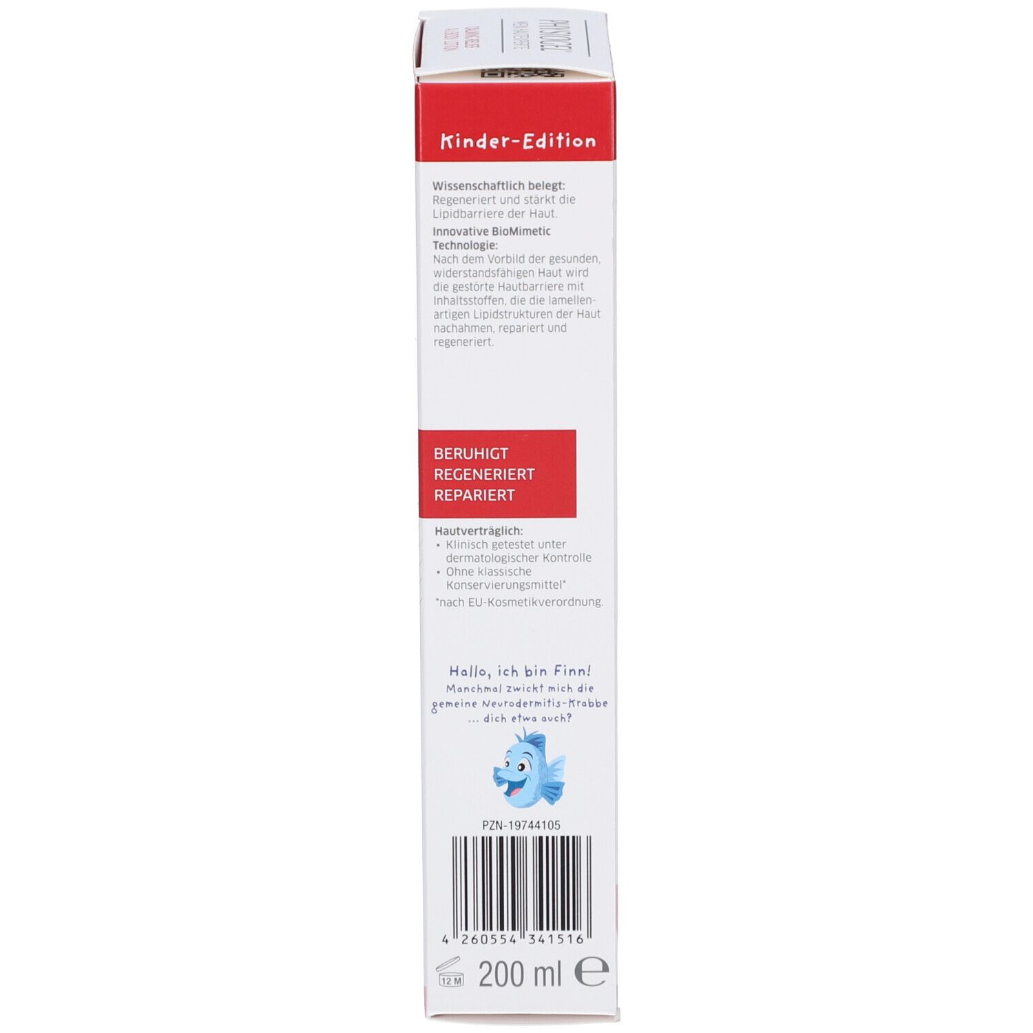 Produktverpackung, Seitenansicht. Textinformationen, Illustrationen und Barcode. 200 ml.
