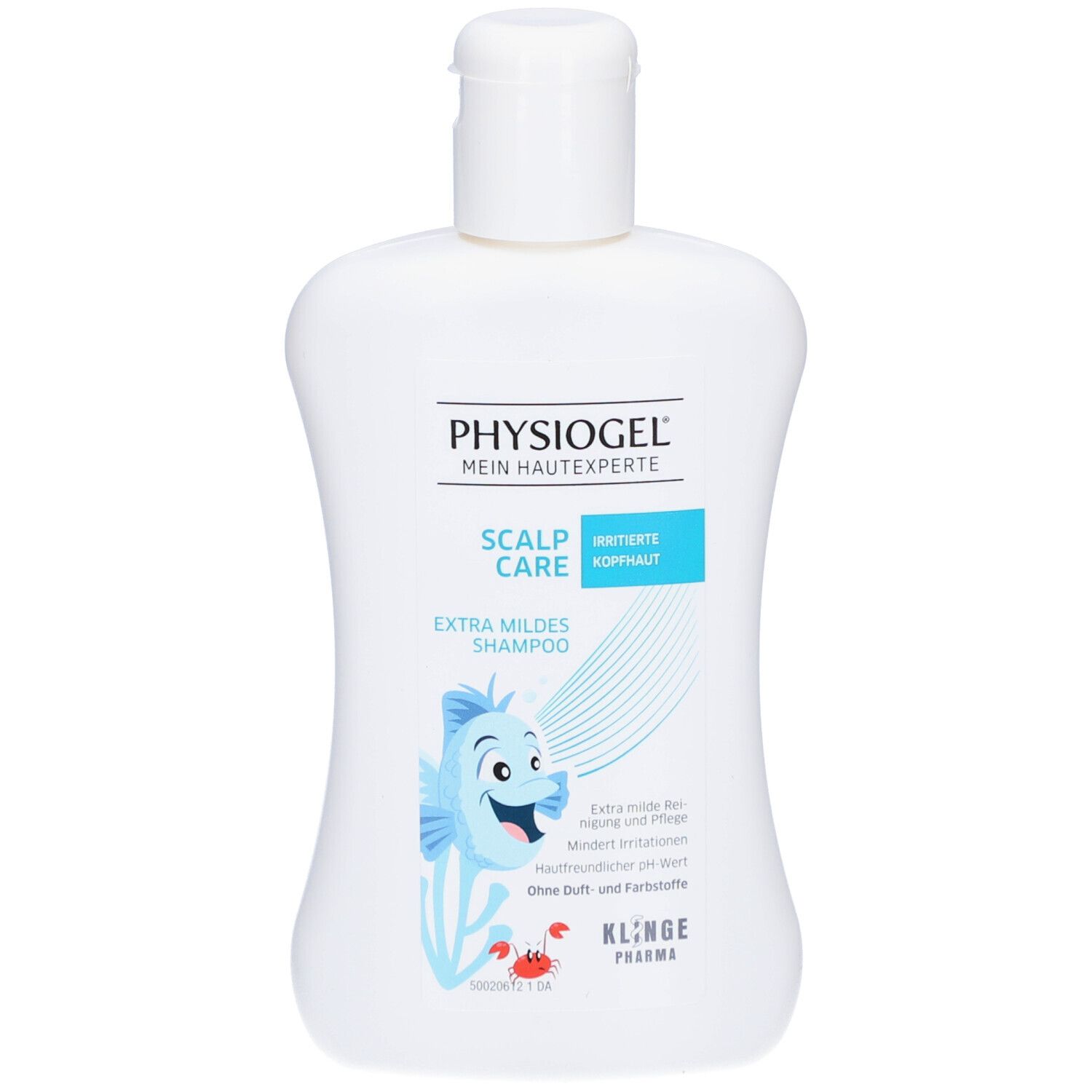 Weiße Flasche mit blauem Etikett. Aufschrift: PHYSIOGEL, SCALP CARE, EXTRA MILDES SHAMPOO. Abbildung eines Fisches.