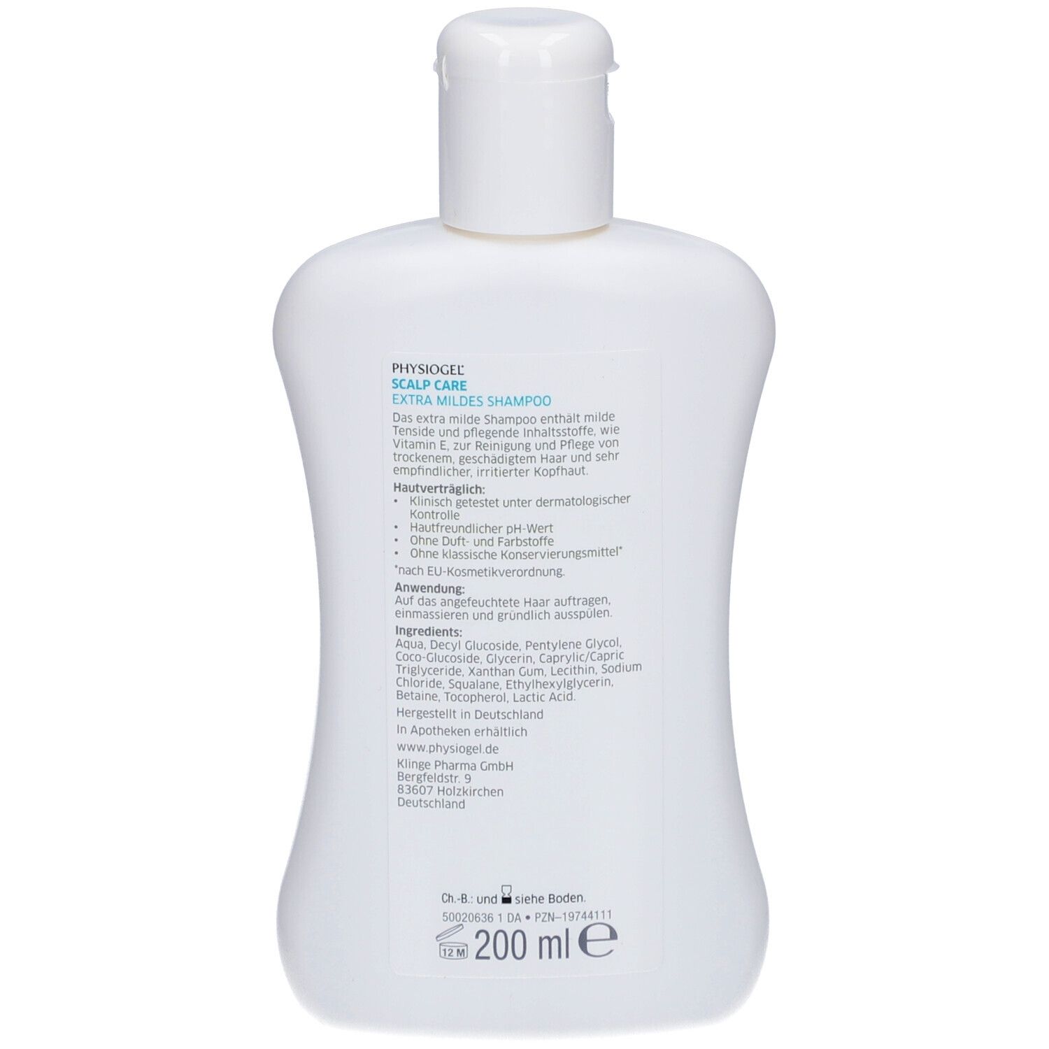 Rückseite einer weißen Shampoo-Flasche. Text: Inhaltsstoffe, Herstellerinformationen. Volumen: 200 ml.