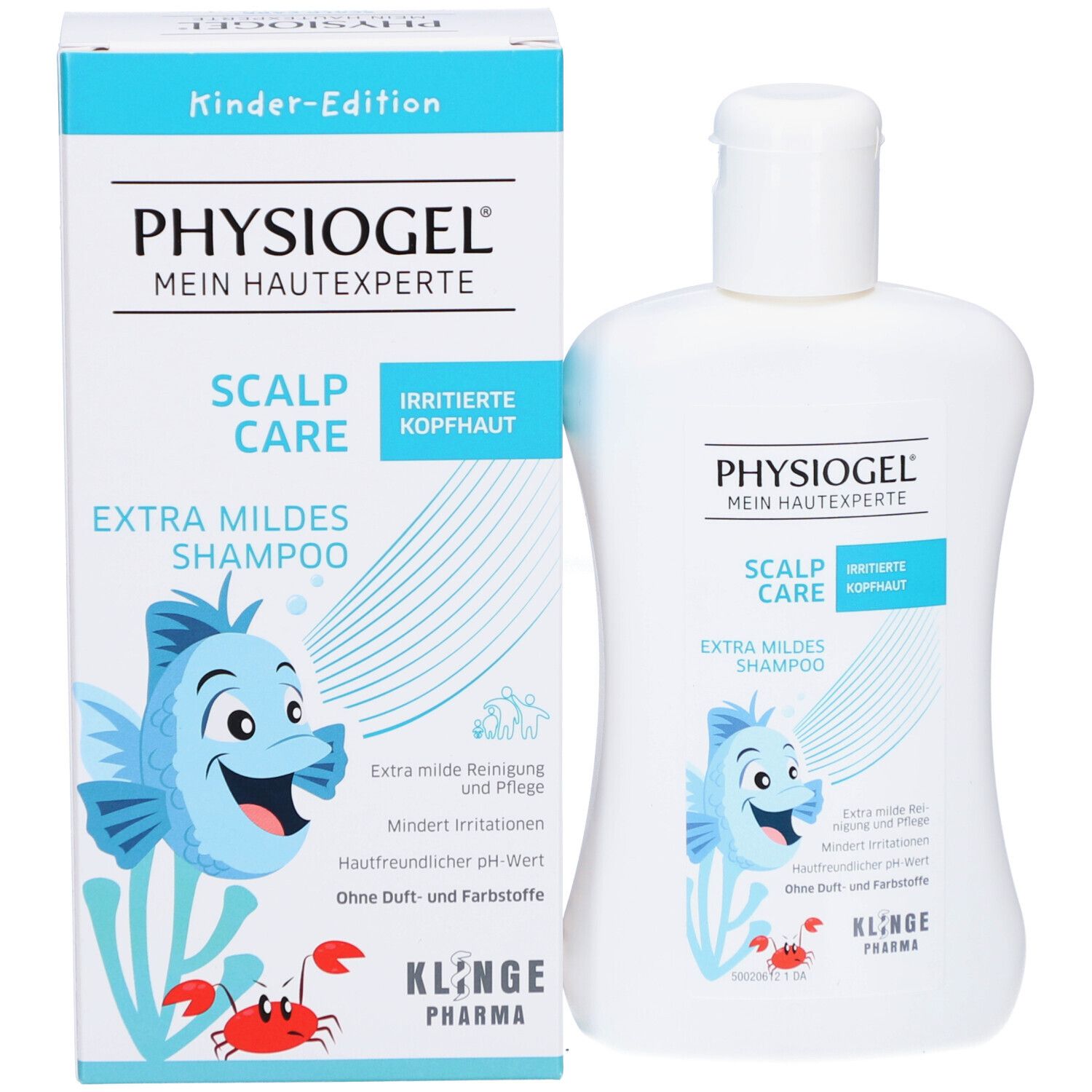 Produktverpackung und Flasche. Verpackung: weißer Karton mit blauem Design. Flasche: weiß, mit blauem Etikett. Aufschrift: PHYSIOGEL, SCALP CARE.