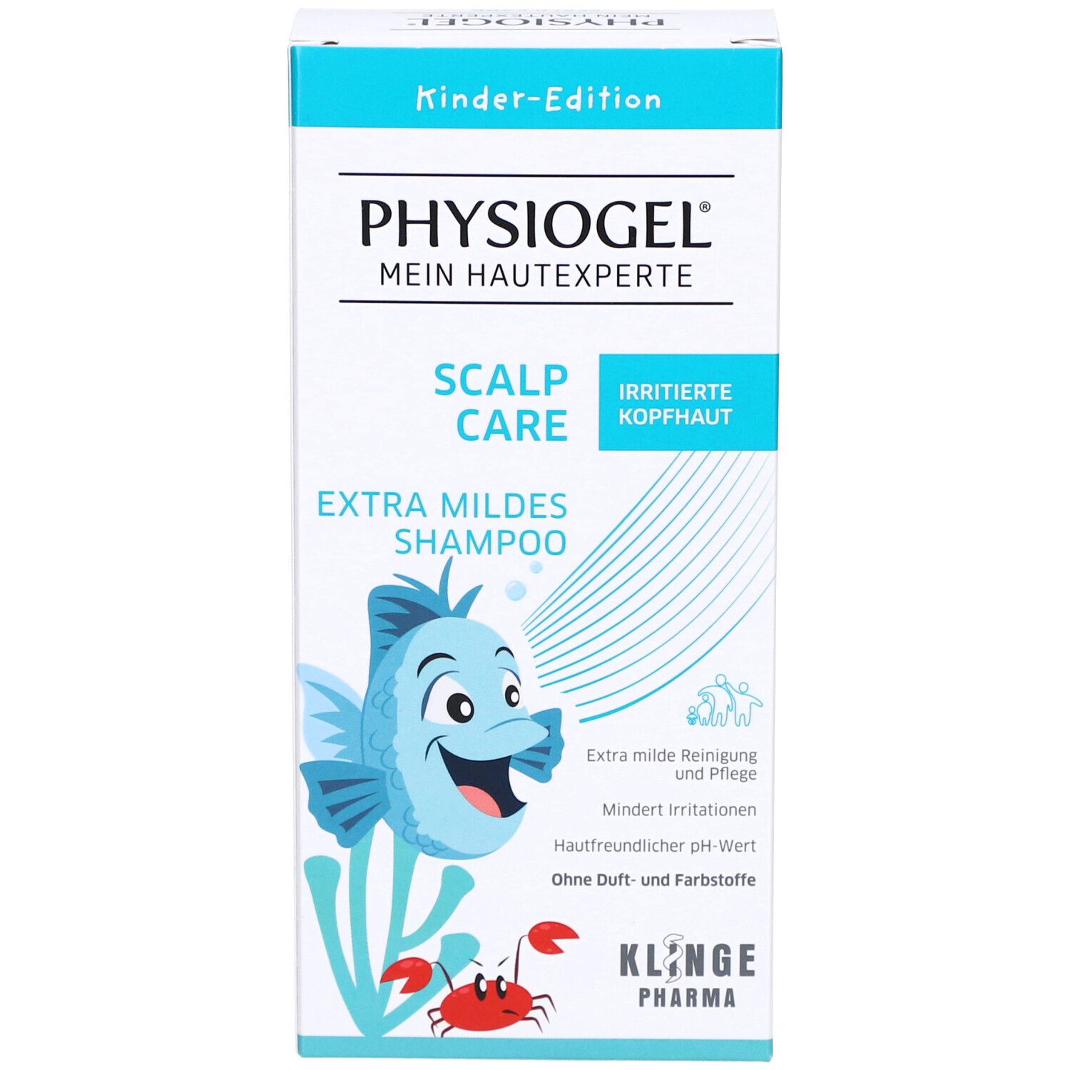 Weißer Karton mit blauem Design. Aufschrift: PHYSIOGEL, SCALP CARE, EXTRA MILDES SHAMPOO. Abbildung eines Fisches und eines Krebses.