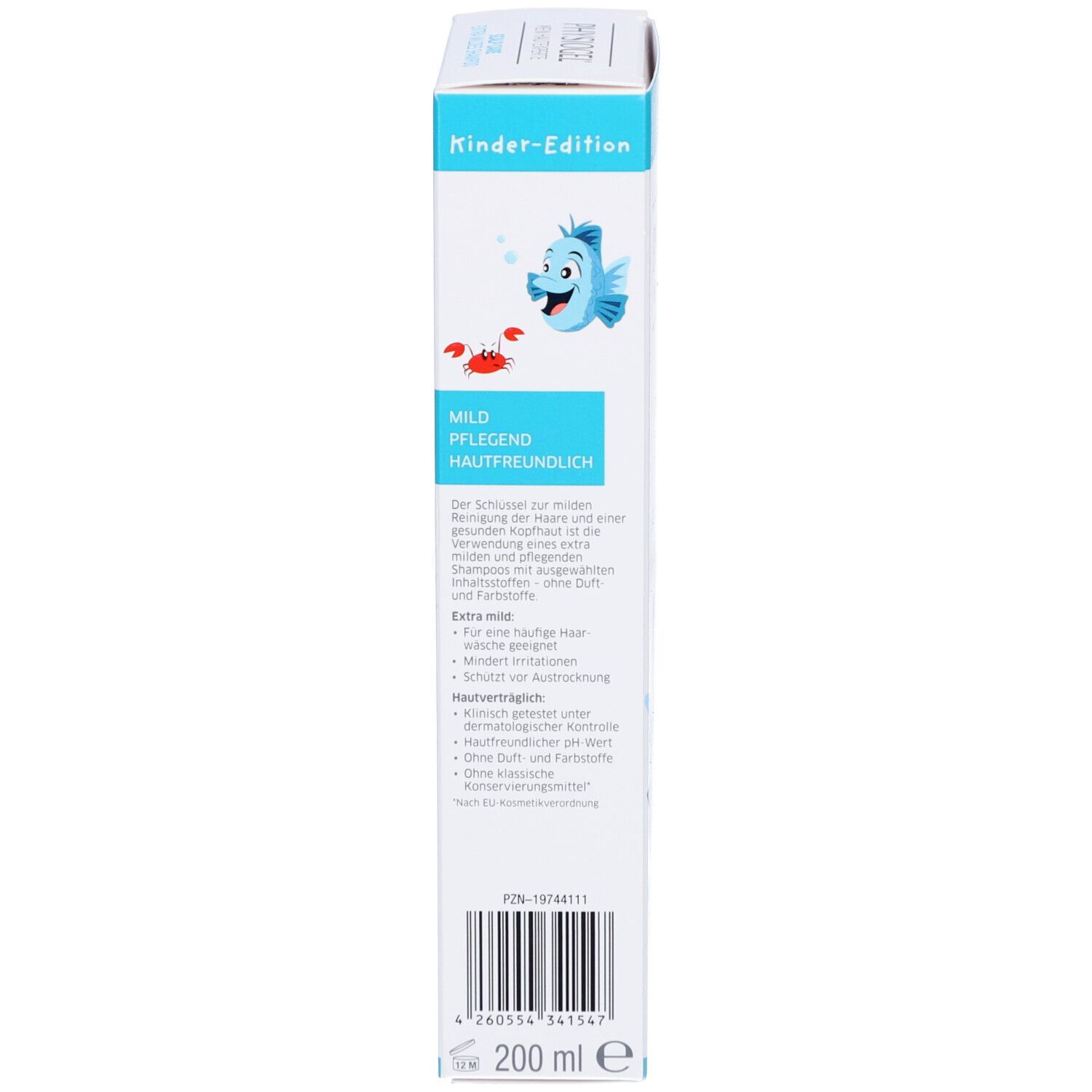 Seitenansicht der Produktverpackung. Weißer Karton mit blauem Design. Text: Produktinformationen, Inhaltsstoffe, Hersteller.