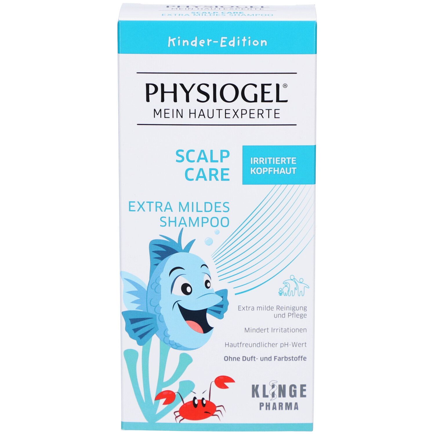 Produktverpackung. Weißer Karton mit blauem Design. Aufschrift: PHYSIOGEL, SCALP CARE, EXTRA MILDES SHAMPOO. Abbildung eines Fisches.