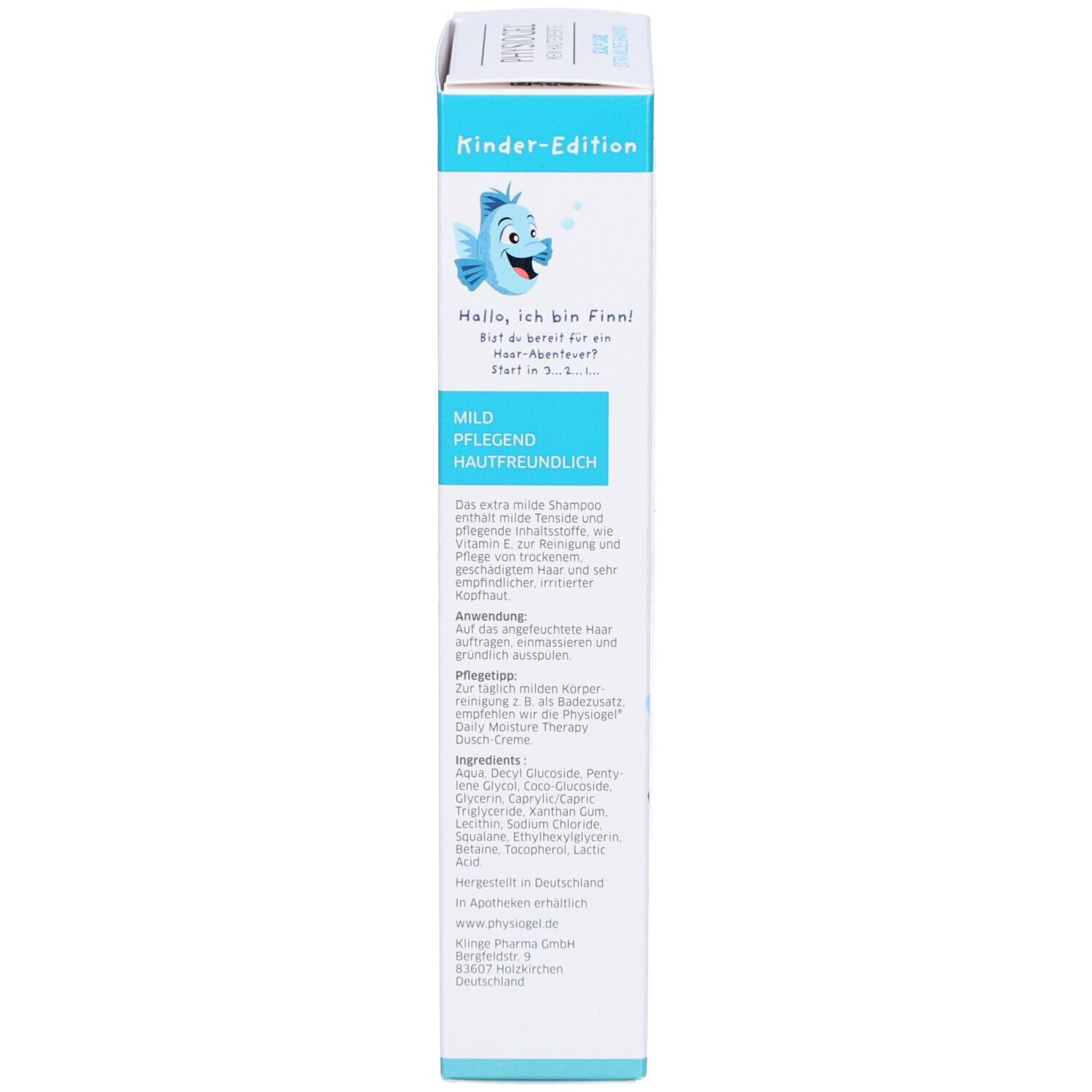 Rückseite der Produktverpackung. Weißer Karton mit blauem Design. Text: Produktinformationen, Inhaltsstoffe, Anwendungshinweise.