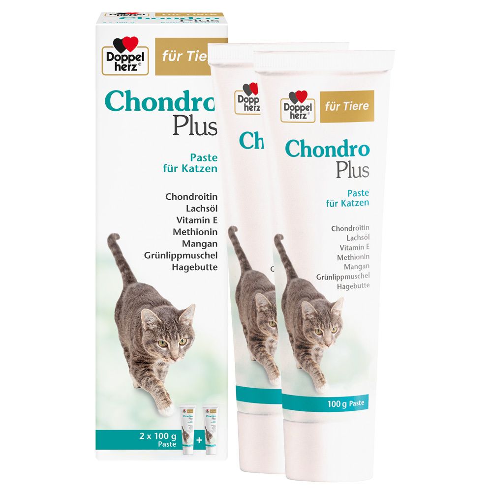 Zwei Tuben und eine Verpackung von Chondro Plus Paste für Katzen. Auf der Verpackung ist eine Katze abgebildet.