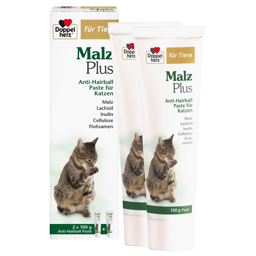 Zwei Tuben Doppelherz Malz Plus für Katzen. Auf der Verpackung: Katze, Produktname, Inhaltsstoffe. 2 x 100 g.