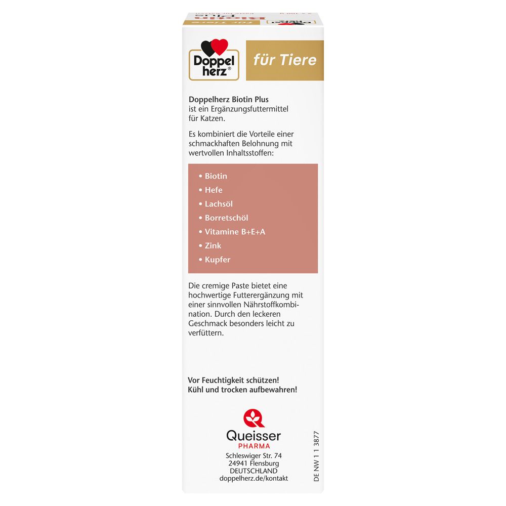 Rückseite der Verpackung. Text: Doppelherz für Tiere, Inhaltsstoffe, Hinweise zur Lagerung.