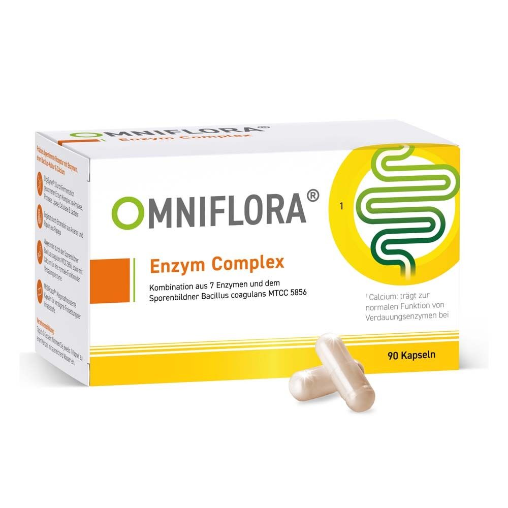 Weißer Karton mit OMNIFLORA® Enzym Complex. Enthält 90 Kapseln. Zwei Kapseln liegen davor.