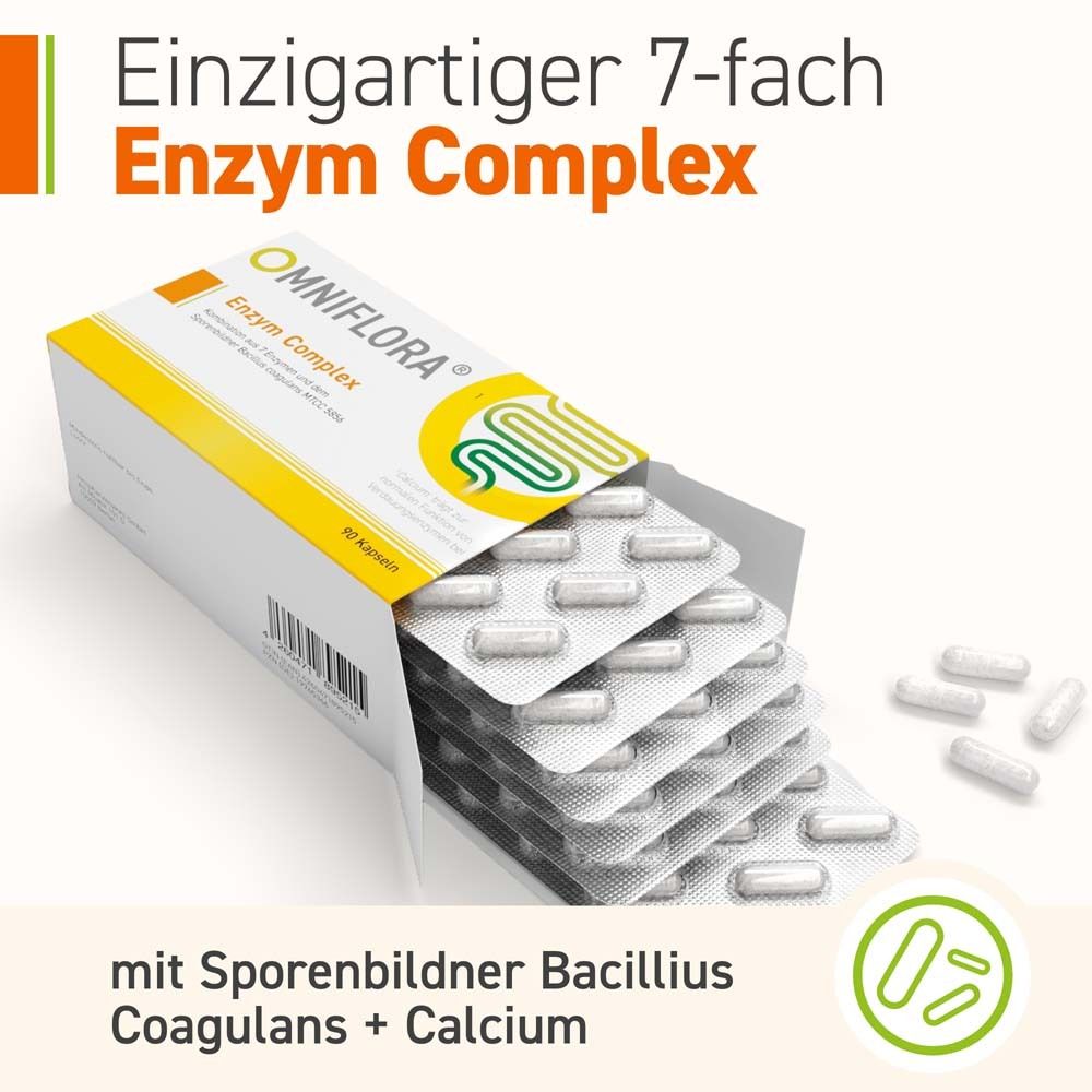 Packung OMNIFLORA® Enzym Complex mit geöffneter Blisterpackung. Kapseln in Blistern.