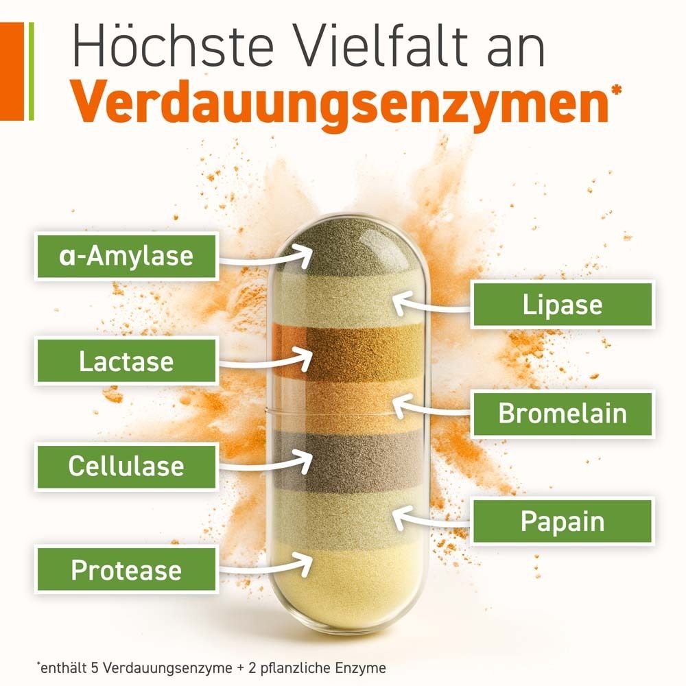 Kapsel mit Enzymen. Beschriftung mit α-Amylase, Lactase, Cellulase, Protease, Lipase, Bromelain, Papain.