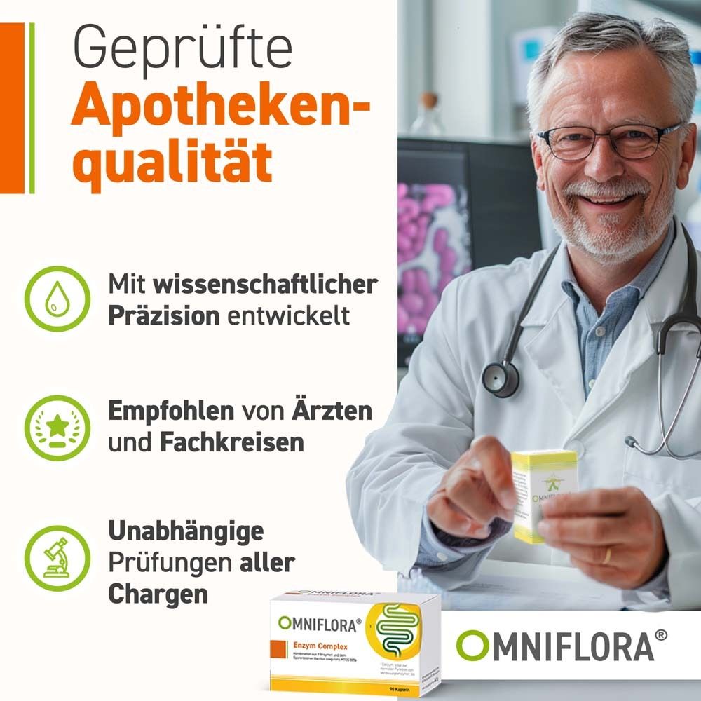 Arzt mit OMNIFLORA® Enzym Complex. Text: Geprüfte Apothekenqualität. Empfohlen von Ärzten.