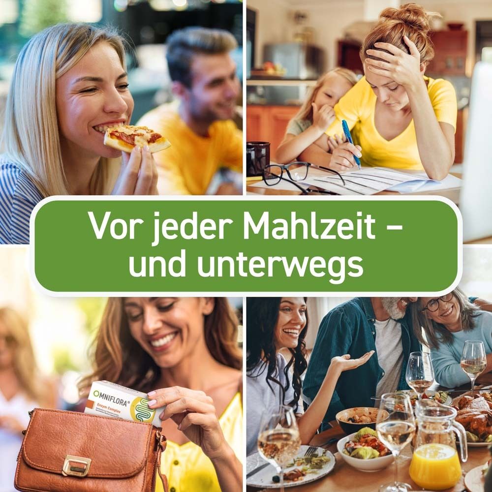 Collage: Menschen essen, arbeiten, trinken. OMNIFLORA® Enzym Complex in Handtasche.