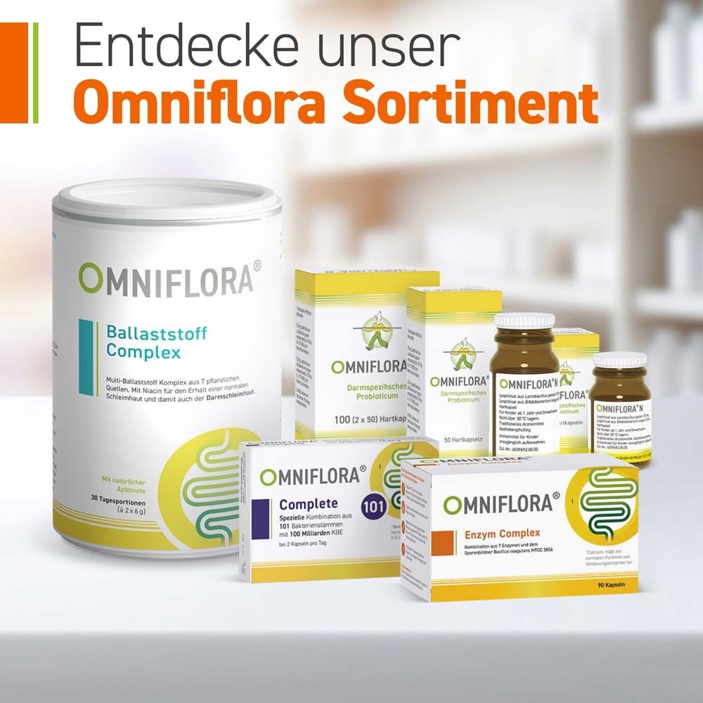 Verschiedene OMNIFLORA® Produkte. Ballaststoff Complex, Enzym Complex, Complete, weitere Produkte.