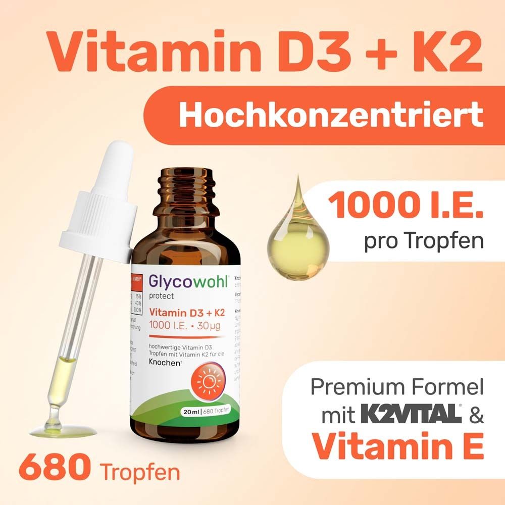 Tropfflasche und Tropfen. Text: Vitamin D3 + K2 hochkonzentriert, 1000 I.E. pro Tropfen, 680 Tropfen.