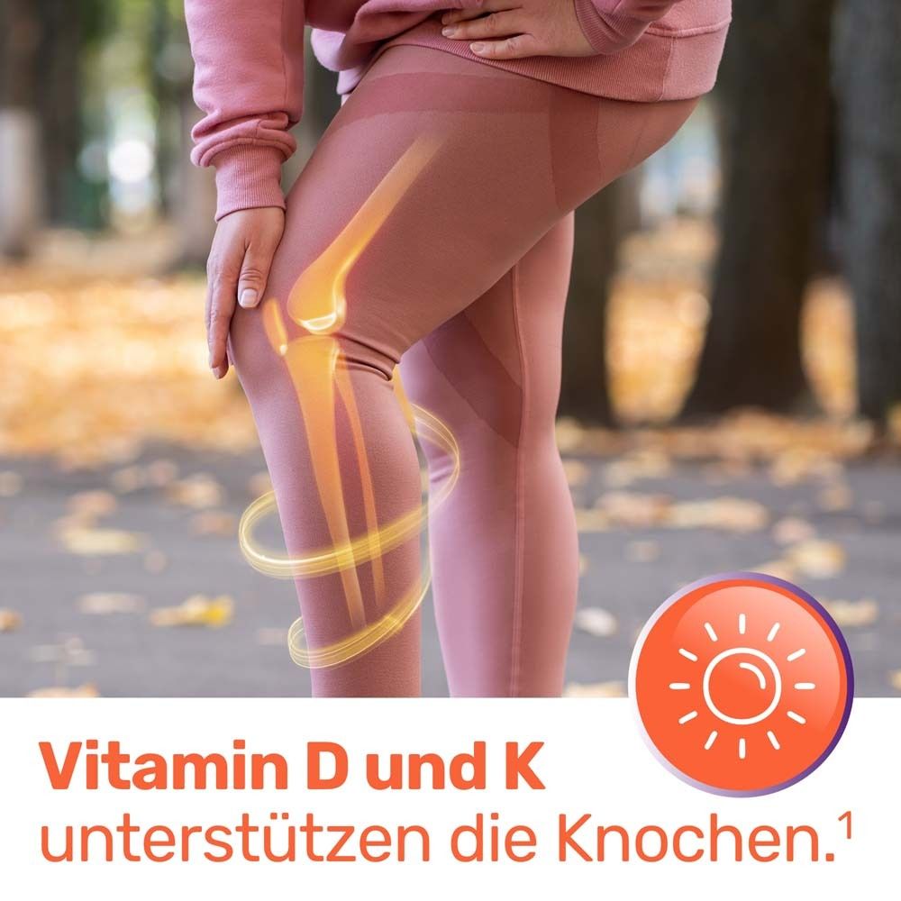 Beine mit Knochen-Illustration. Text: Vitamin D und K unterstützen die Knochen.