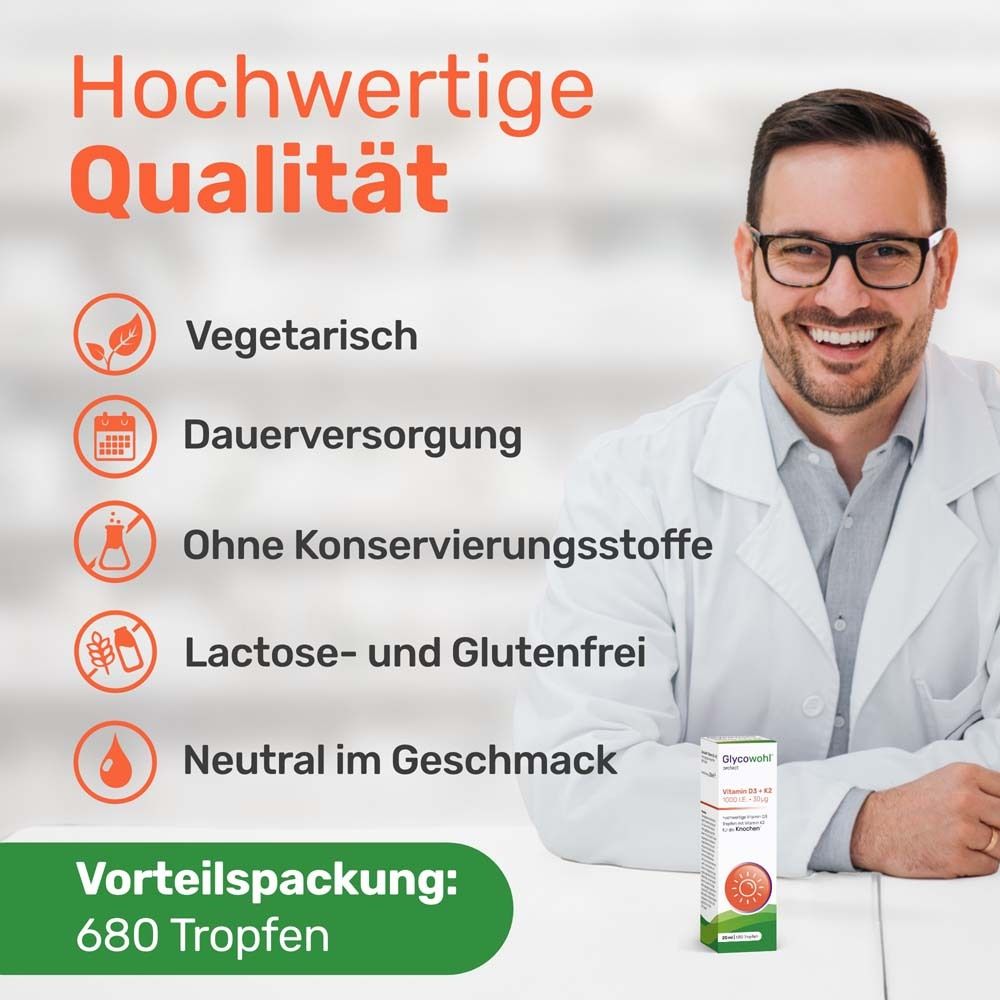 Mann mit Brille und Arztkittel. Text: Vegetarisch, Dauerversorgung, ohne Konservierungsstoffe, lactose- und glutenfrei.