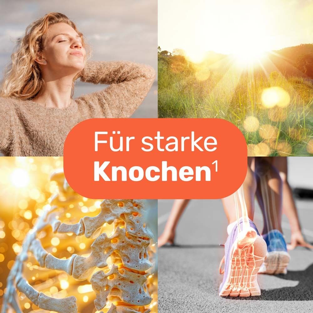 Collage mit Sonne, Knochen, und Sport. Text: Für starke Knochen.