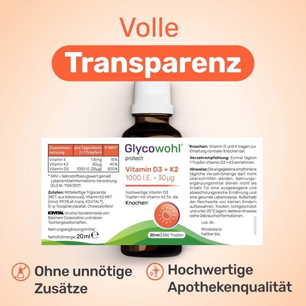 Tropfflasche mit Inhaltsangaben. Text: Glycowohl protect Vitamin D3 + K2 1000 I.E. + 30µg. Ohne unnötige Zusätze.