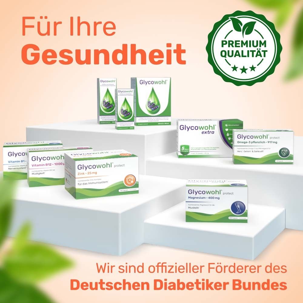 Produktpalette. Text: Glycowohl, Vitamin D3, Zink, Magnesium. Premium Qualität.
