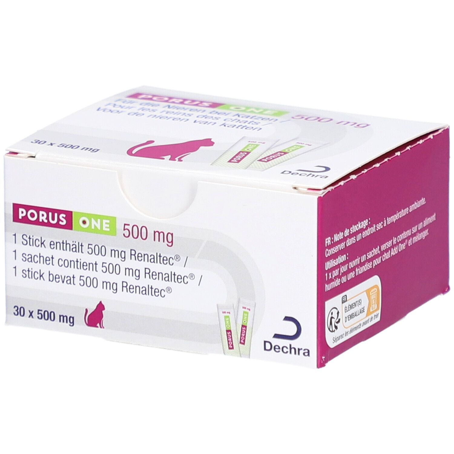 Porus One 500 mg Box. Enthält 30 Beutel. Rosa und weiße Verpackung mit Produktinformationen und Logo.